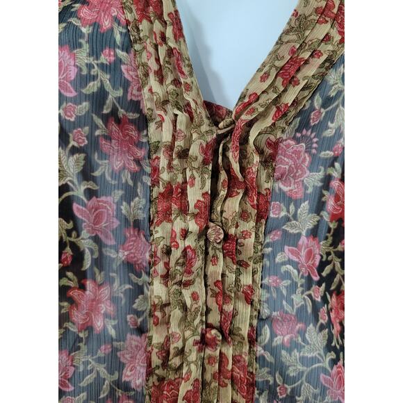 Converse Black Red Floral Sheer Button Up Top XL Lightweight Belted Soft Stretch - Picture 6 of 8